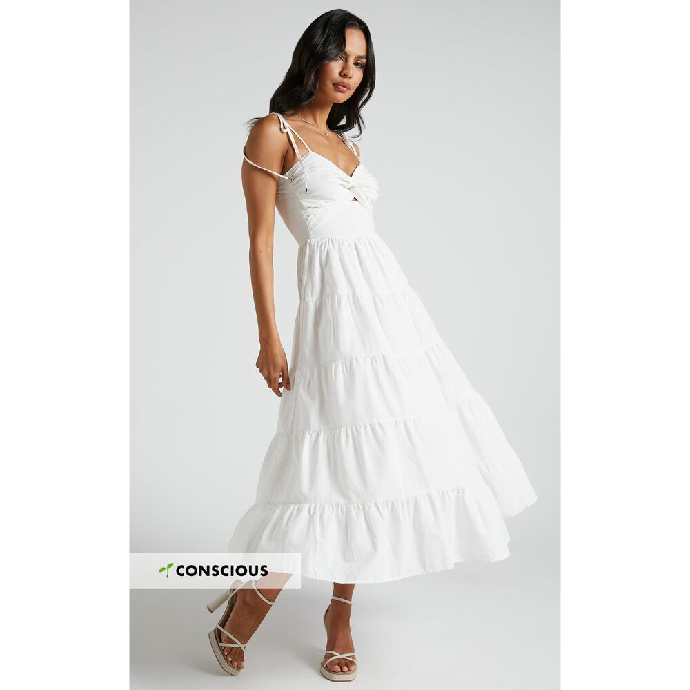 New Showpo Leticia Midi Dress Twist Front Tie Strap Tiered Dress Size Medium - Picture 2 of 12